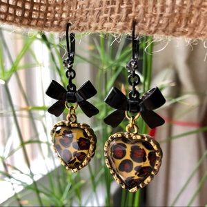 Betsey Johnson leopard-print heart earrings